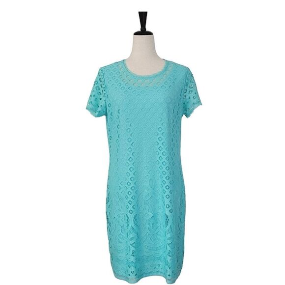 Issac Mizrahi Live! Turquoise Lace Short Sleeve Pullover Stretch Dress Size S - Picture 1 of 10